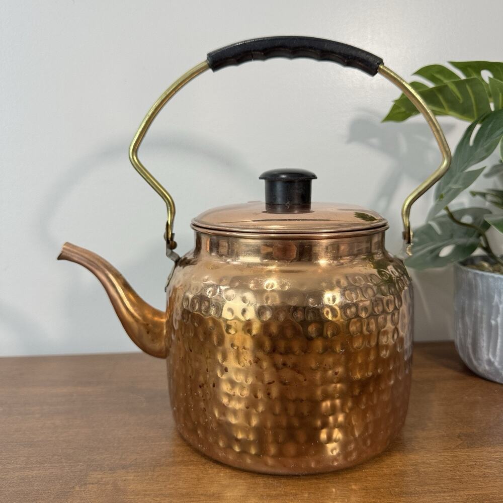 Vintage Hammered Copper Tin Teapot Kettle Swivel Brass Handle Odi India P20